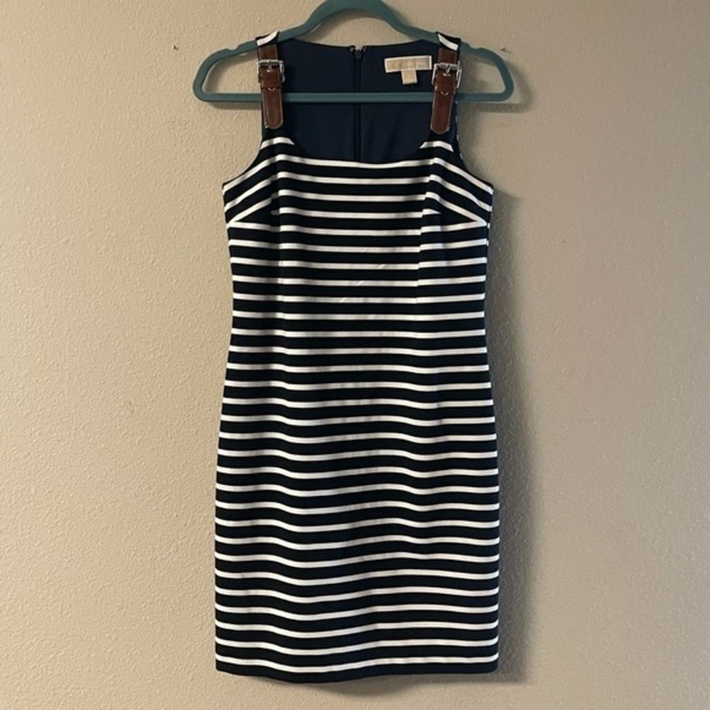 Michael Kors - black / white stripe stretch dress with buckle straps